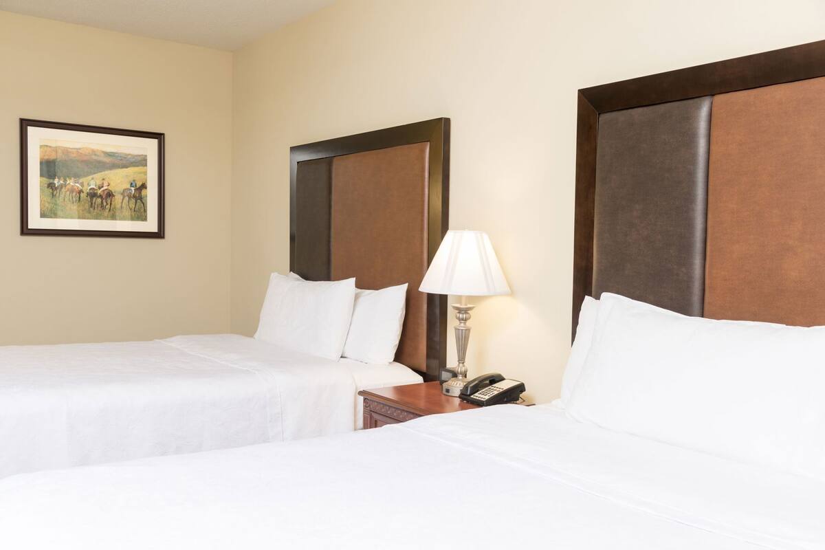 A hotel room with two beds, a nightstand with a lamp and phone, and a framed picture on the wall.