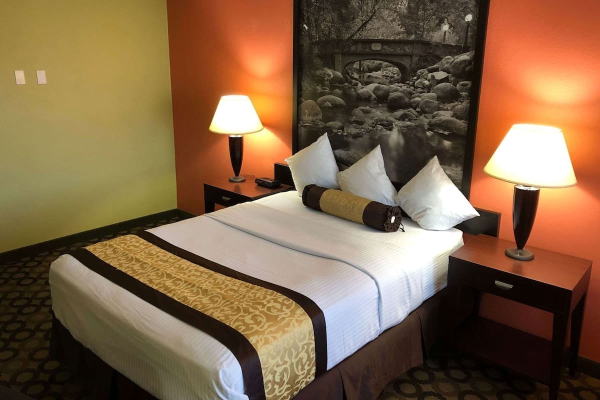Een hotelkamer met een bed, twee bedlampjes, een nachtkastje, een bed met een patroon erop en een groot schilderij aan de muur.