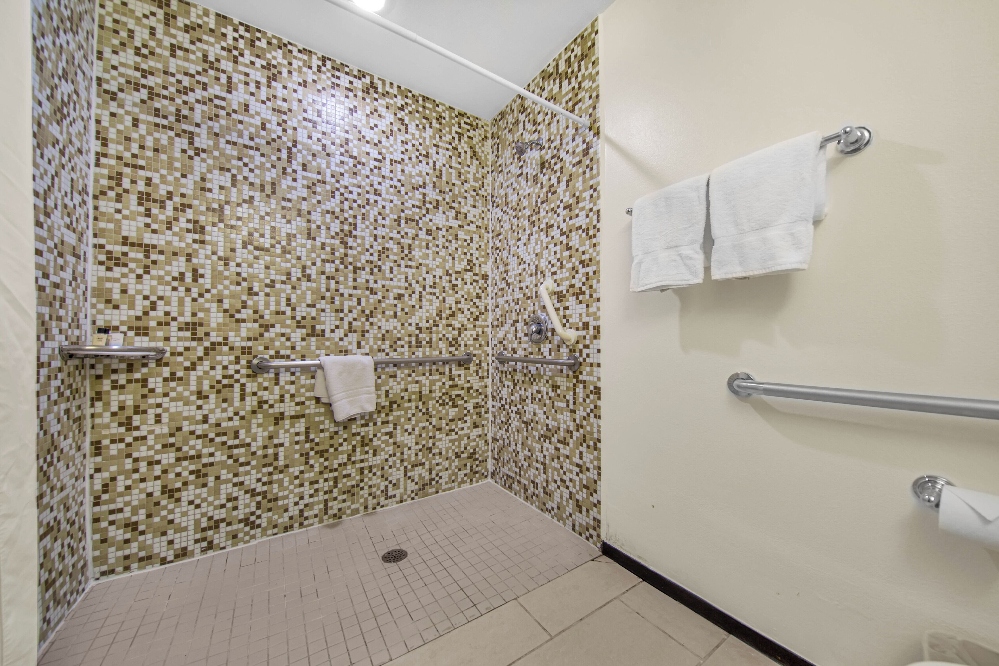 Un baño con paredes de mosaico, una barra de apoyo y una toalla blanca en la pared.