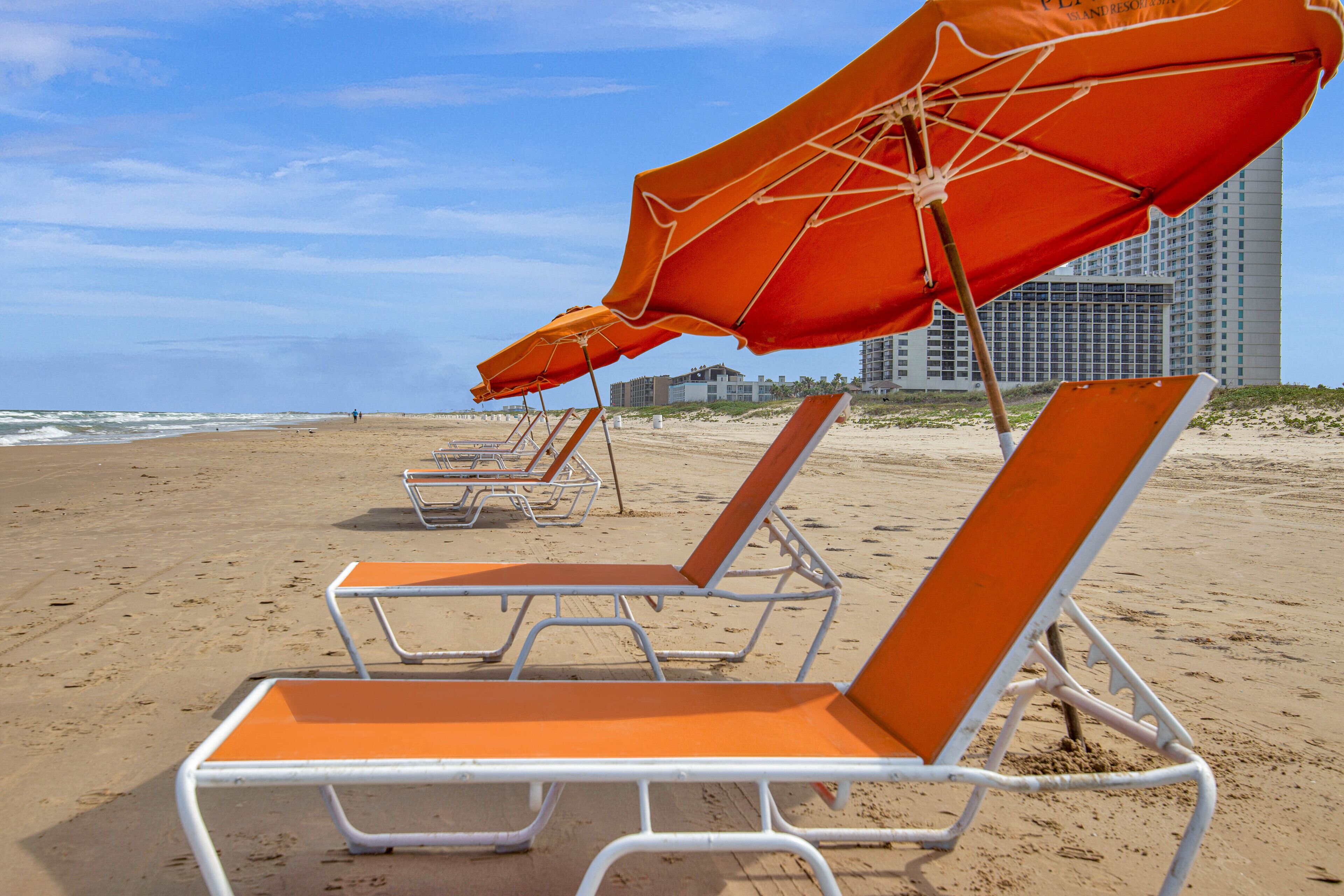 Een strand met rijen ligbedden en parasols, een heldere lucht en gebouwen op de achtergrond.
