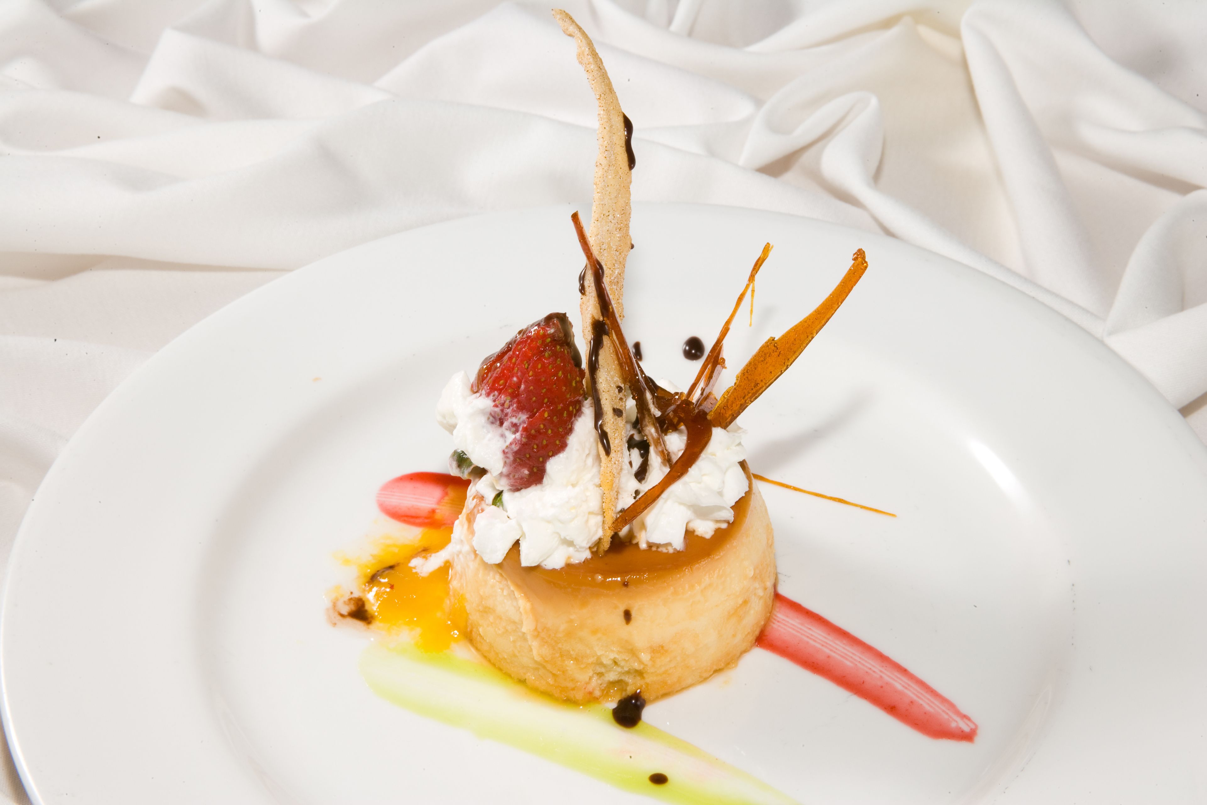 A dessert on a white plate with a white background.