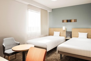 Premium bedding, desk, blackout curtains, soundproofing