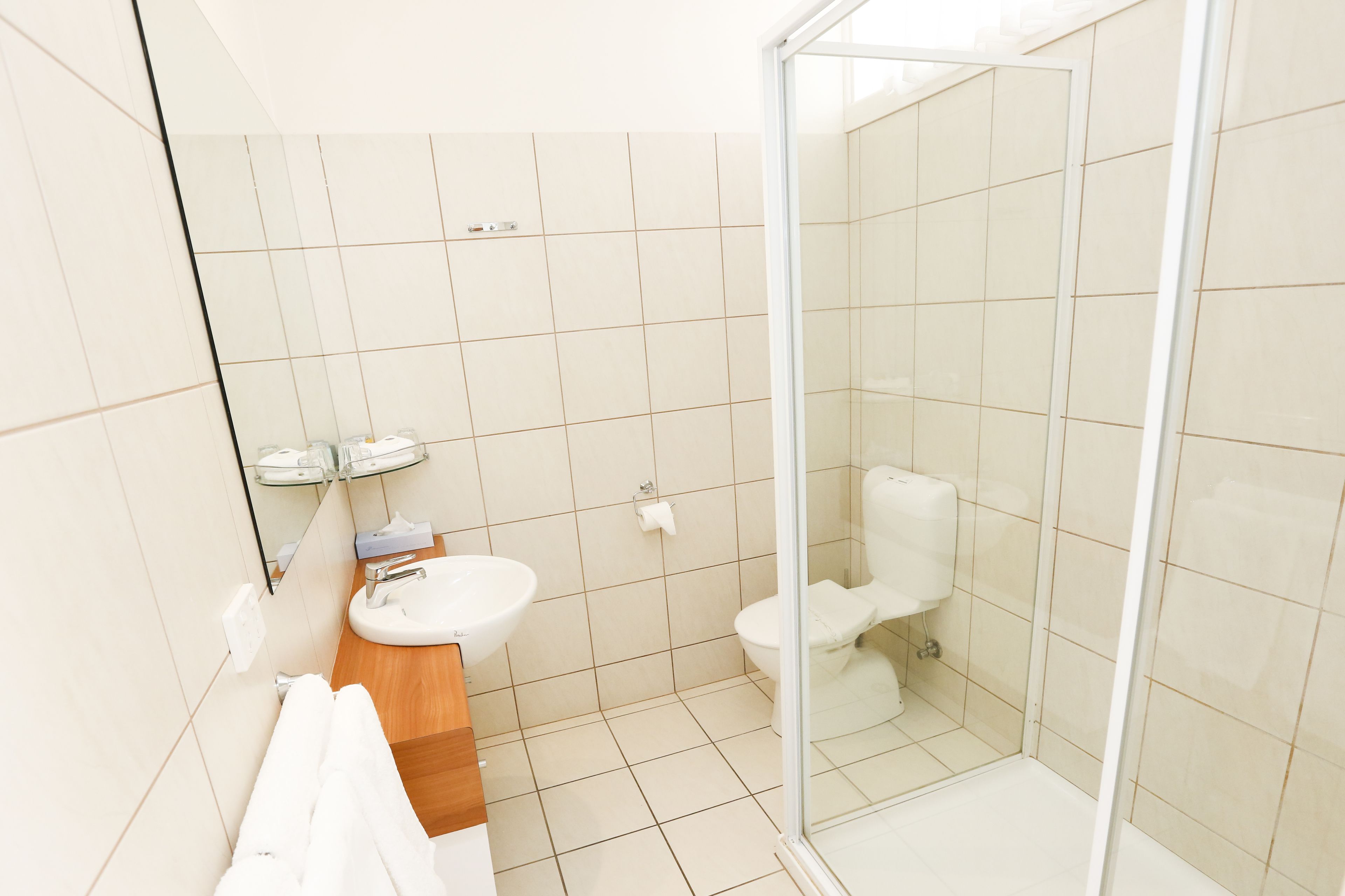 A modern bathroom with a glass-enclosed shower, a wooden vanity, and a white sink.