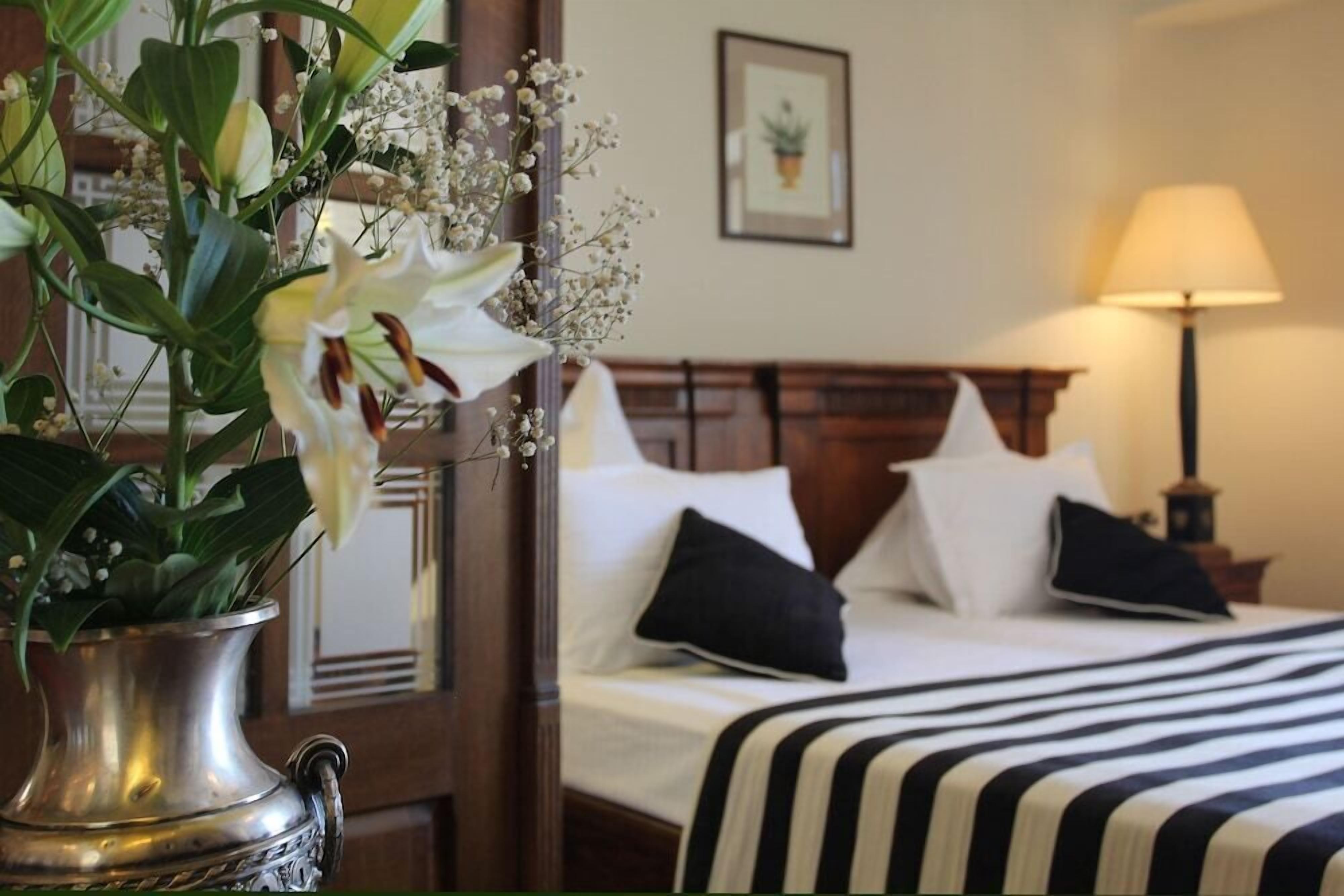 Una habitación de hotel con una cama, una lámpara de noche y una planta en maceta con flores.