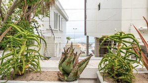 En balkon med potteplanter aloe og udsigt til havet.