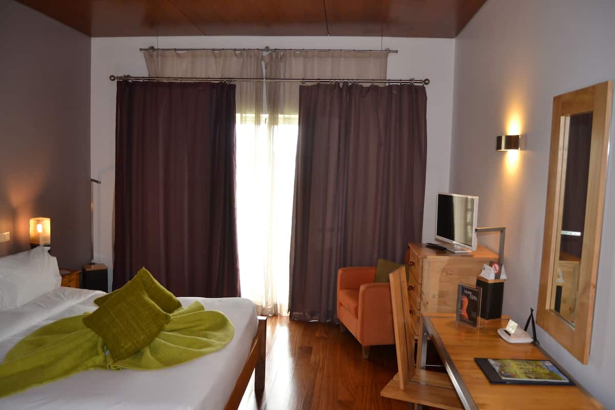 Een hotelkamer met een bed, een bureau met een computer, een stoel, een televisie en een grote spiegel.