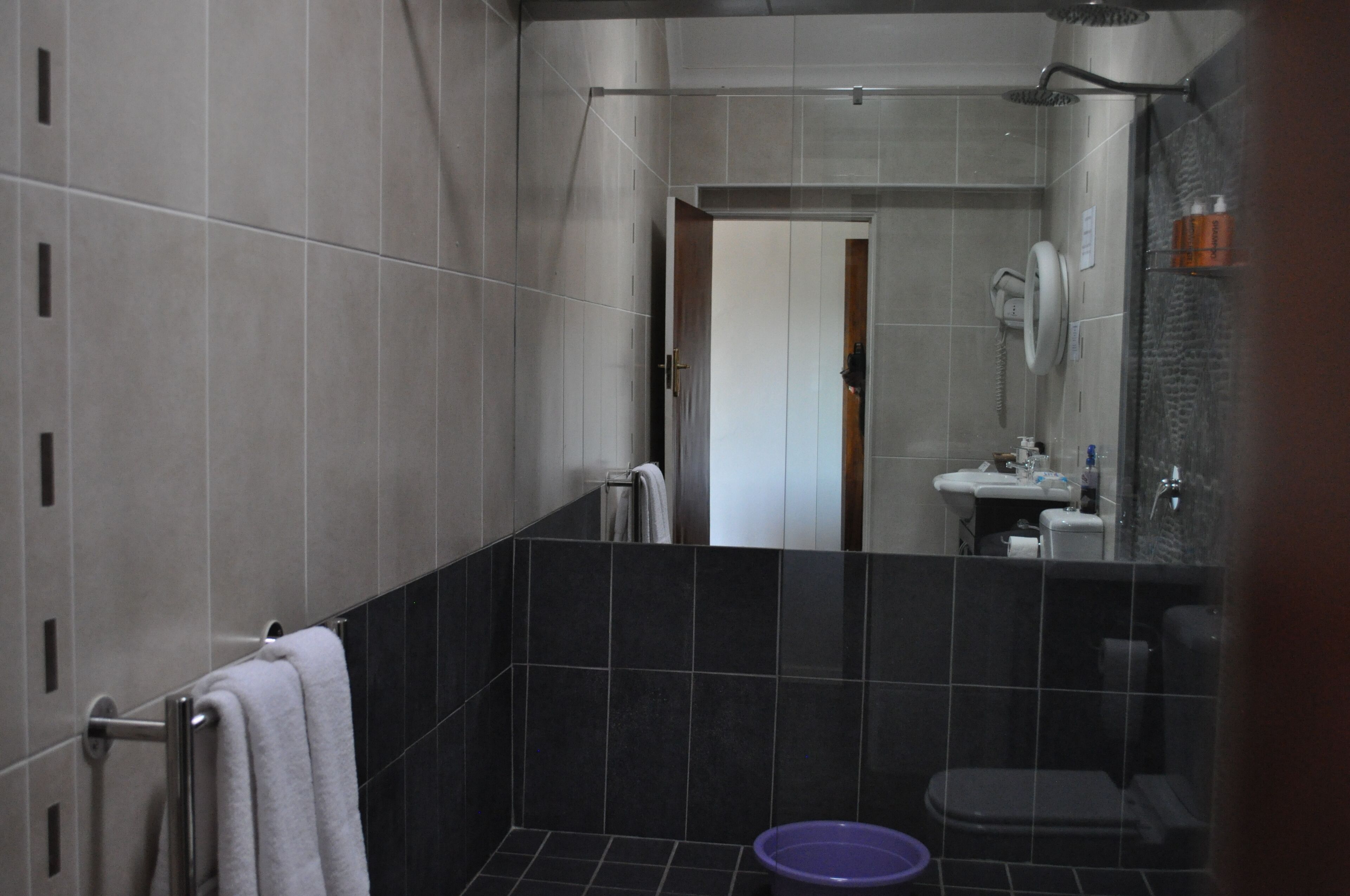 A modern bathroom with grey and black tiles, a visible shower area, a toilet, and a sink.