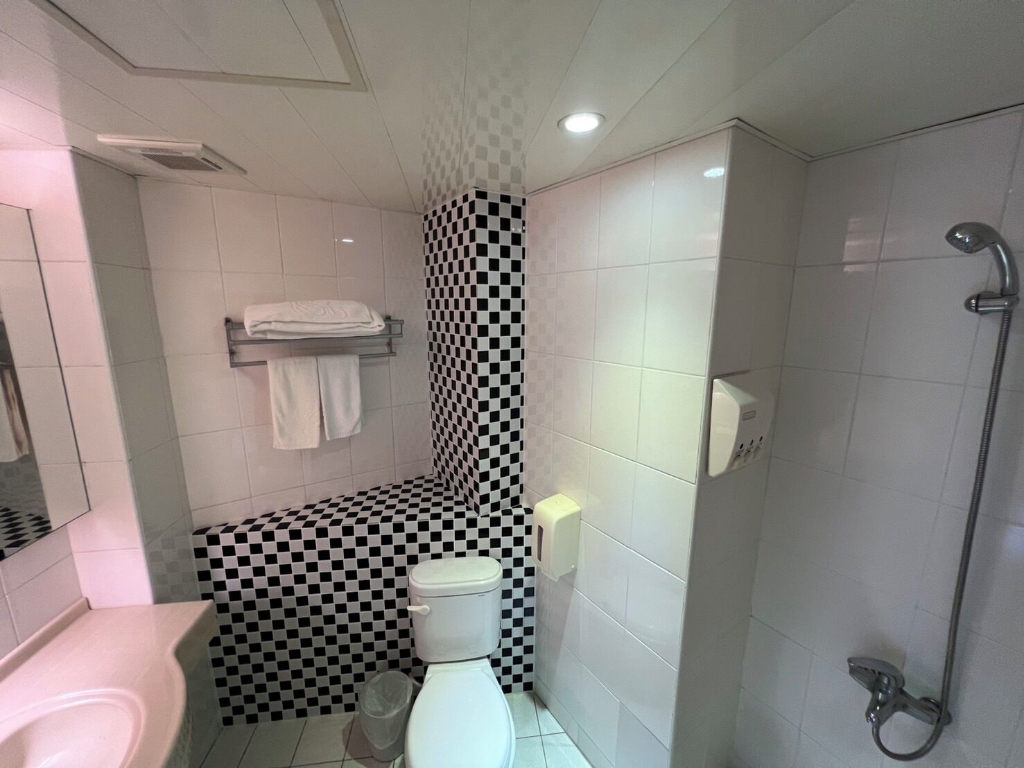 Un baño con suelo de cuadros, inodoro, lavamanos y ducha.