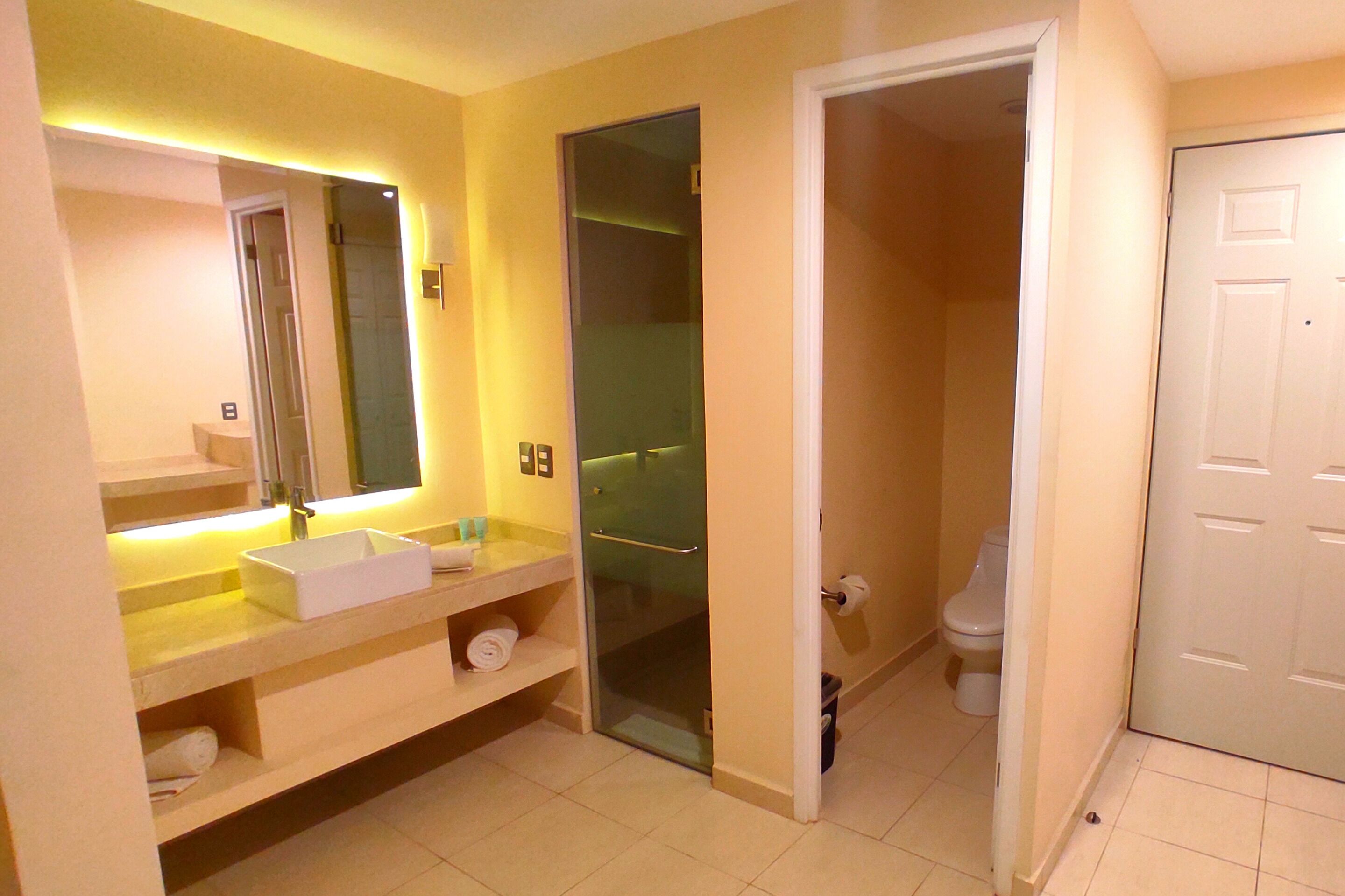 A bathroom with a sink, mirror, and toilet.