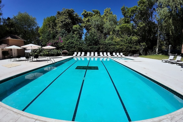 Piscine extérieure, parasols de plage, chaises longues