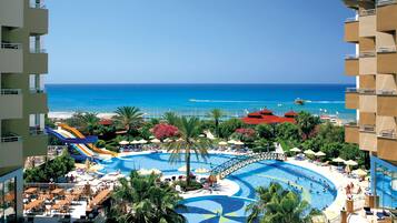 Indoor pool, outdoor pool, pool loungers
