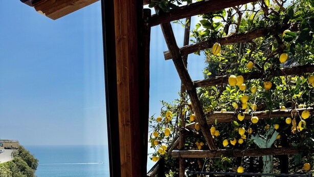 A table set for two with a view of the sea, a wooden pergola with lemons, and a coastal landscape. - Hotel La Pergola (Amalfi)