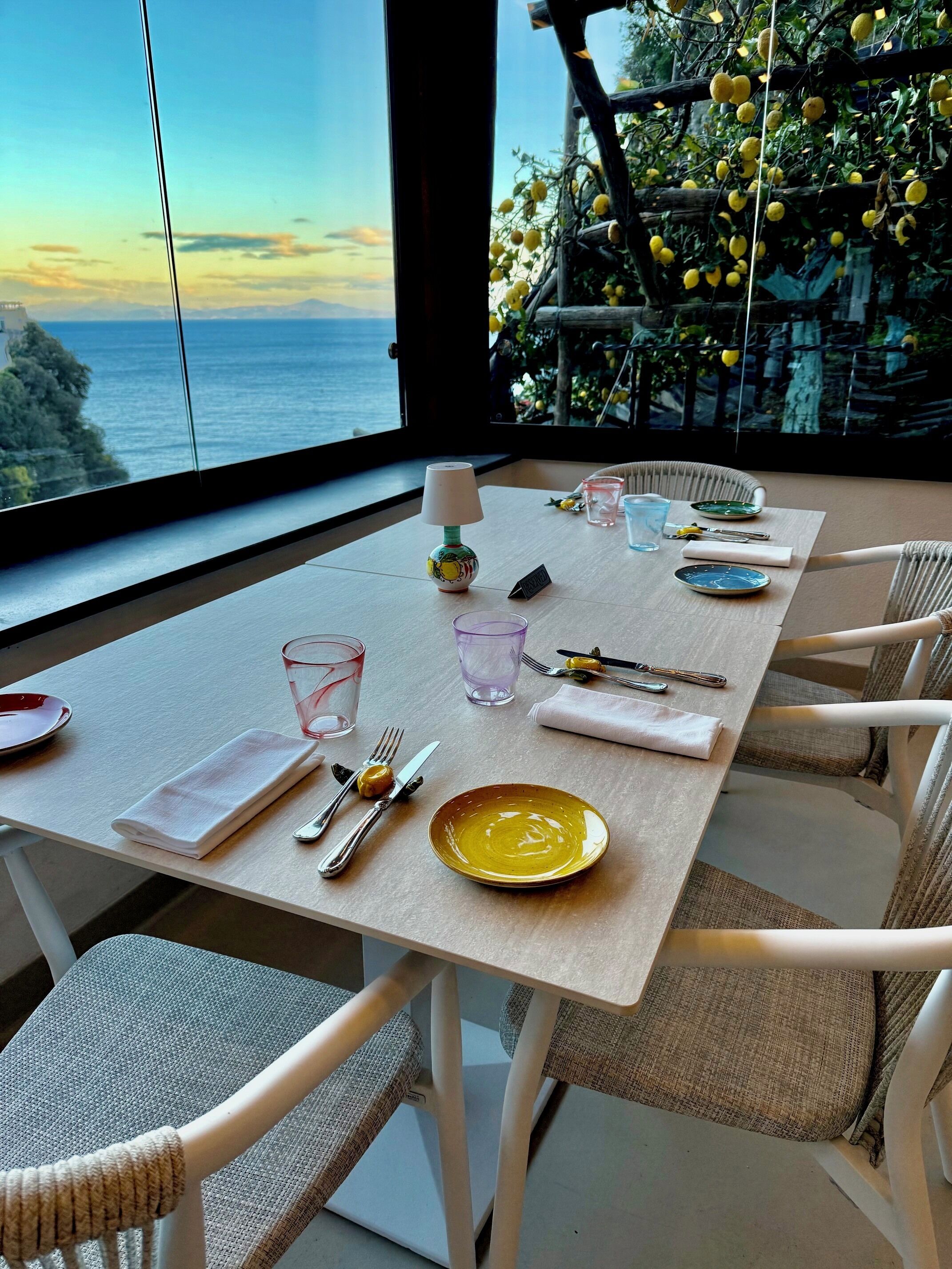 A dining table with chairs, a view of the sea, and a lemon tree outside.