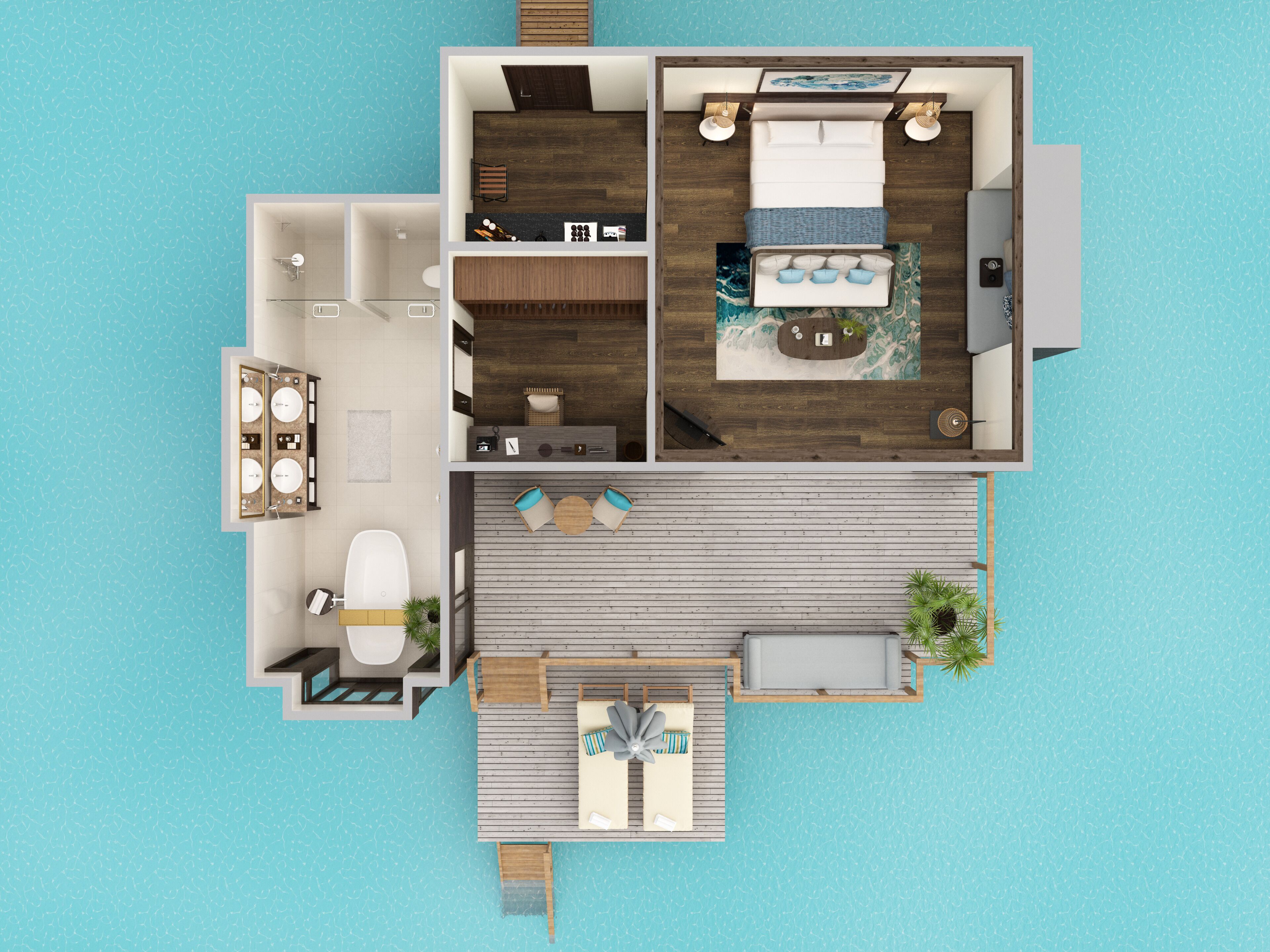 Una casa de dos pisos con balcón, cocina, baño y dormitorio.