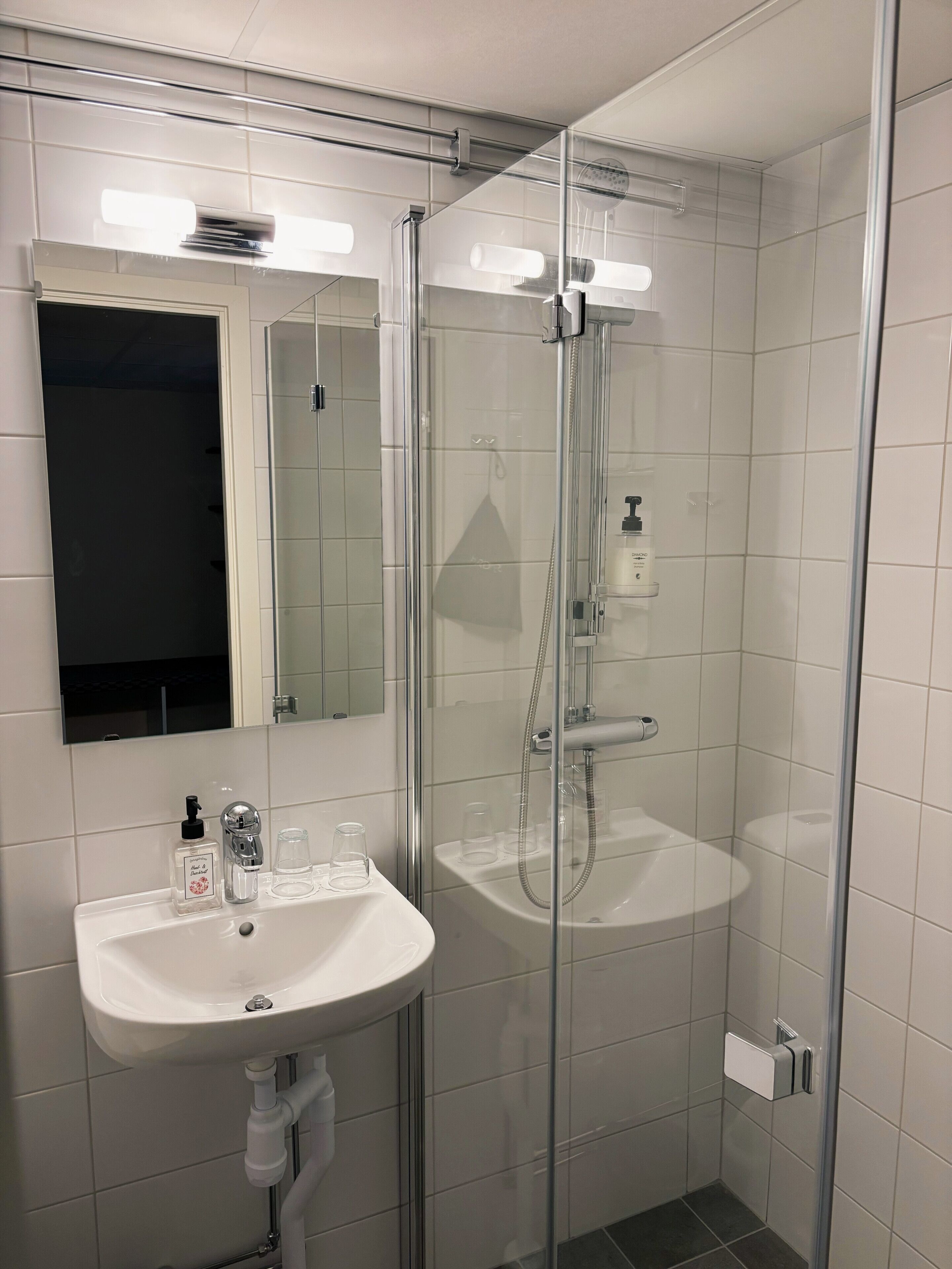 A modern bathroom with a glass-enclosed shower, a sink with a mirror above it, and a toilet.