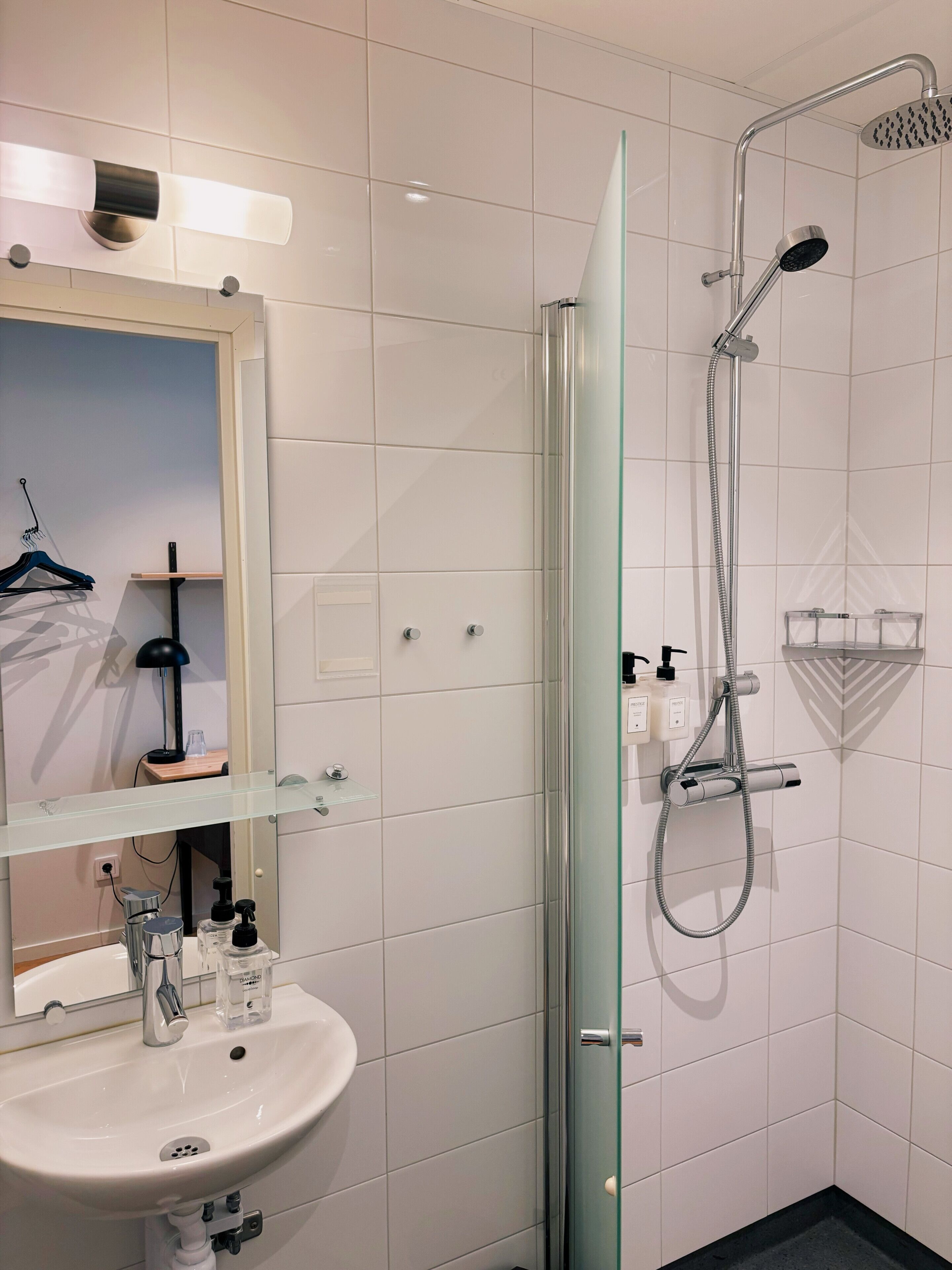Une salle de bain moderne avec une douche à parois de verre, un lavabo blanc et un miroir au-dessus du lavabo.