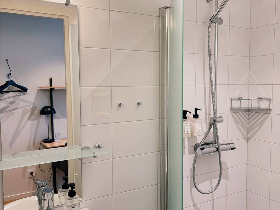 Une salle de bain moderne avec une douche à parois de verre, un lavabo blanc et un miroir au-dessus du lavabo.