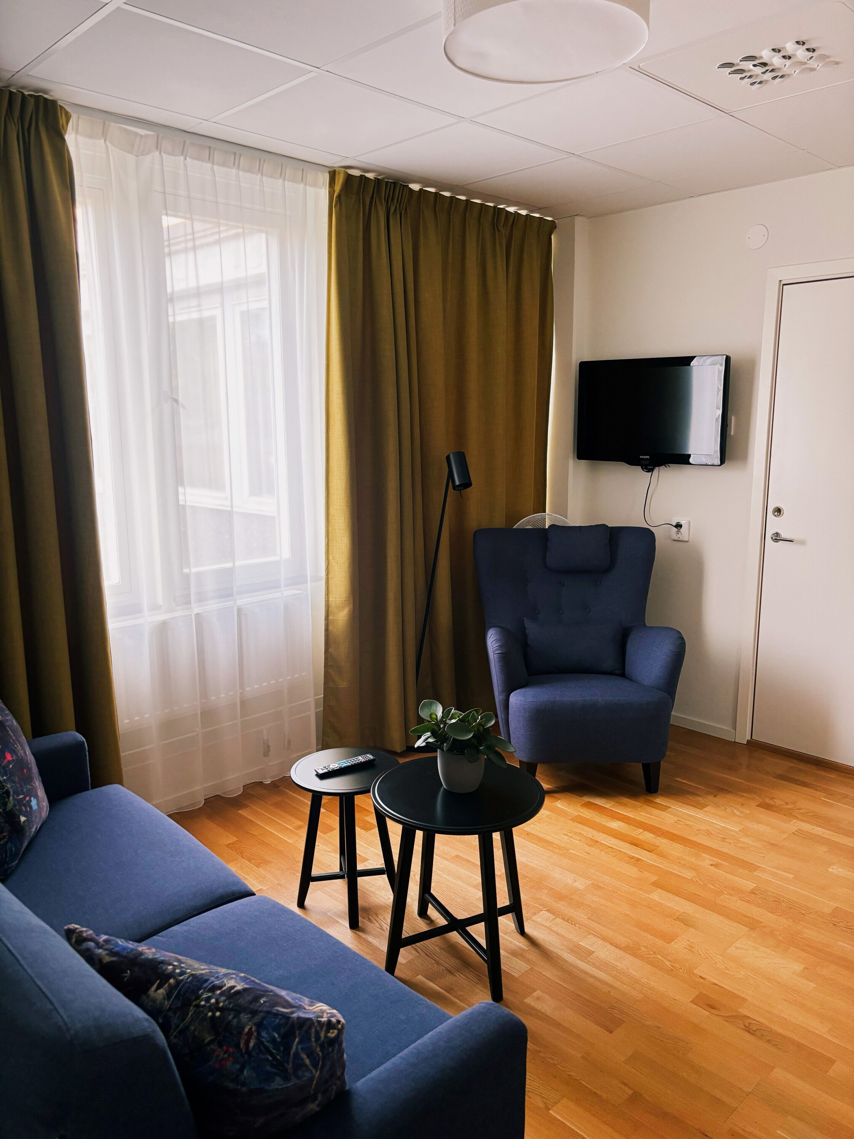 Un salon moderne avec un canapé, un fauteuil, une petite table sur laquelle est posée une plante, une télécommande et un téléviseur fixé au mur.