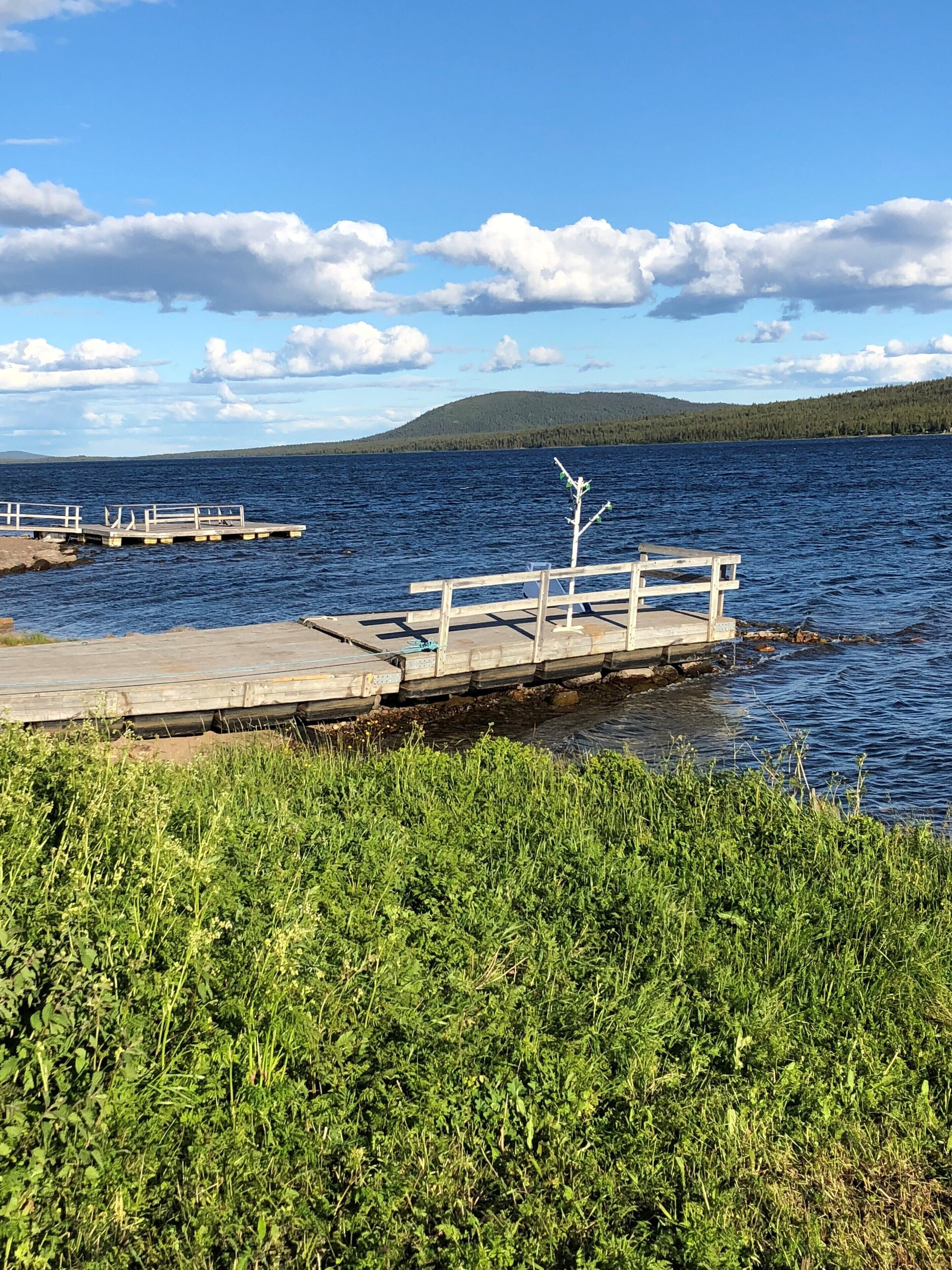 A wooden pier extending into a calm lake, surrounded by lush greenery.