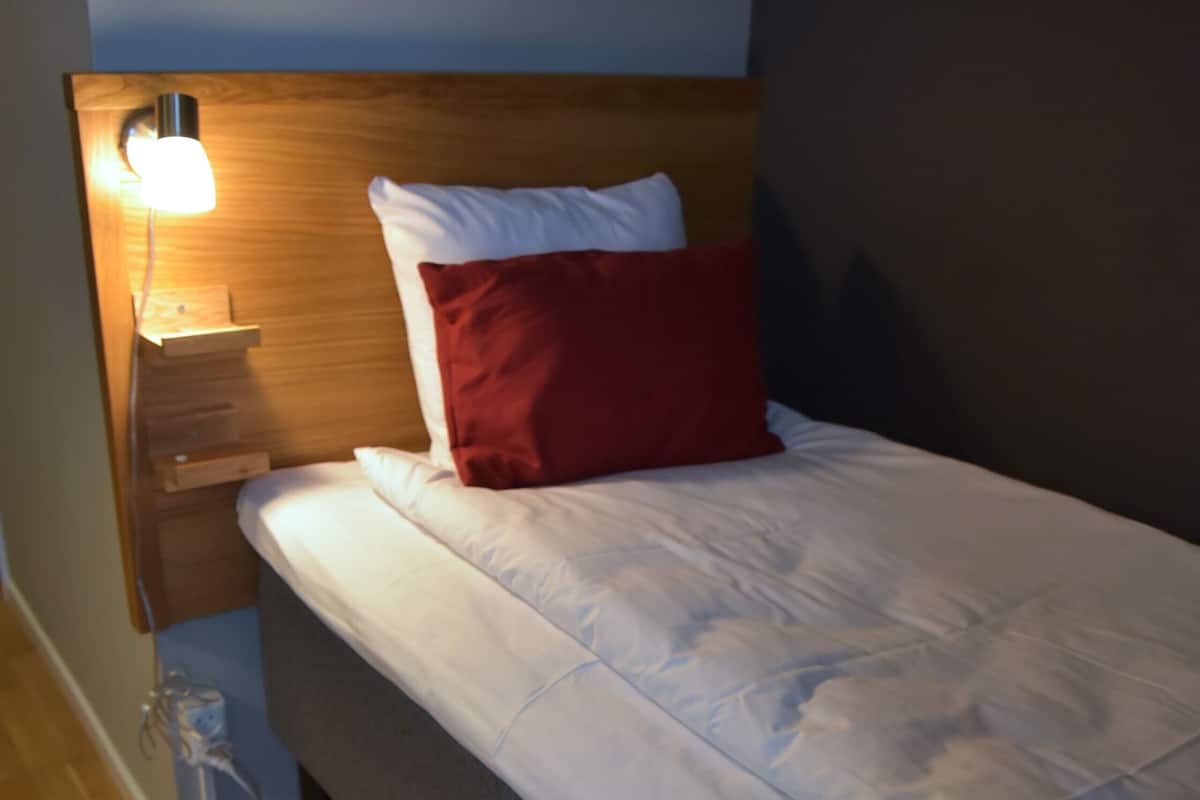 A single bed with a wooden headboard, a bedside table with a lamp, and a red pillow.