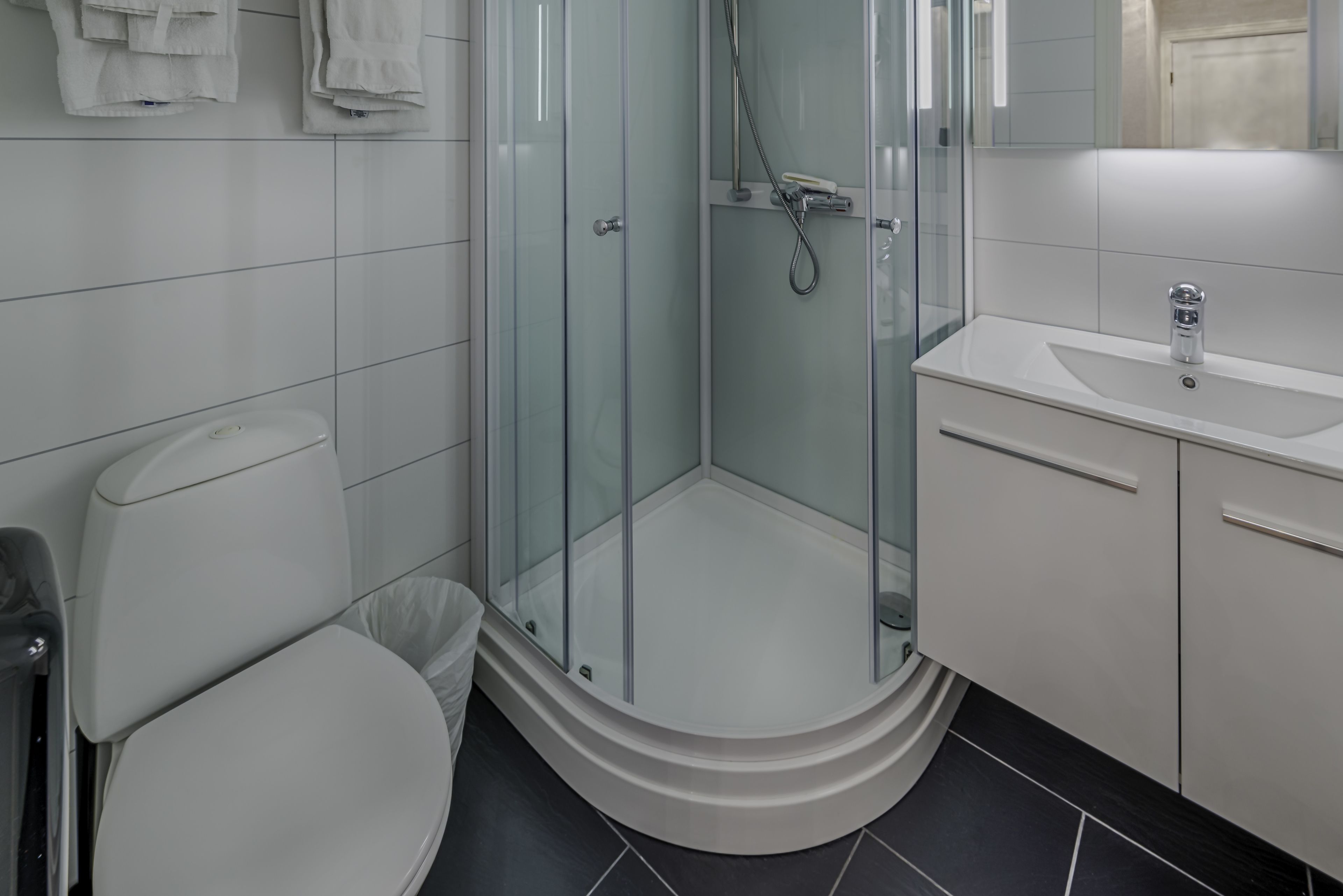 standard double room | bathroom | shower, hair dryer, towels