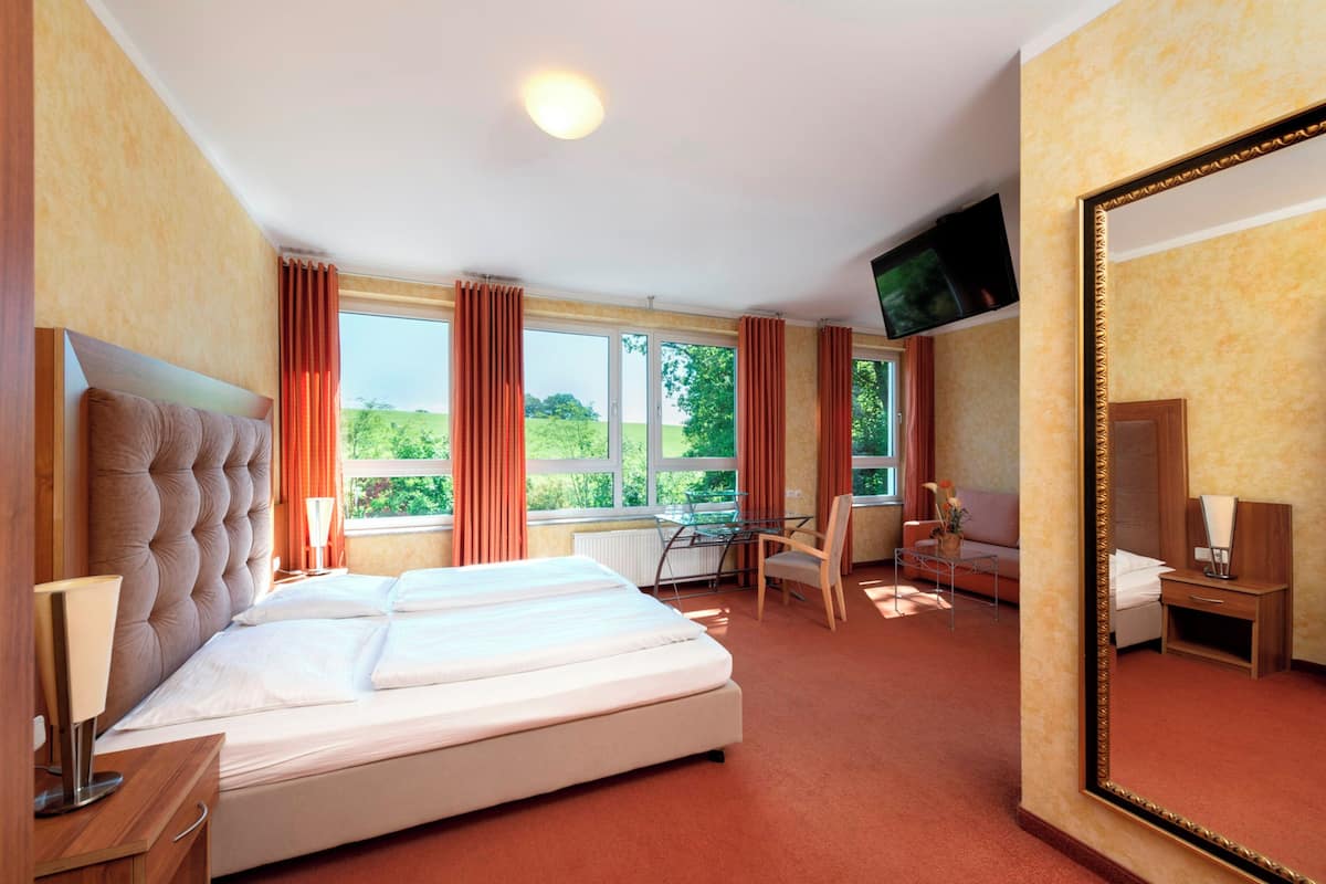 A hotel room with a large bed, a desk with a chair, a TV, and a large mirror.