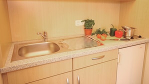Una cocina con gabinetes de madera, un lavamanos de acero inoxidable, una encimera con una planta, tomates y una olla.