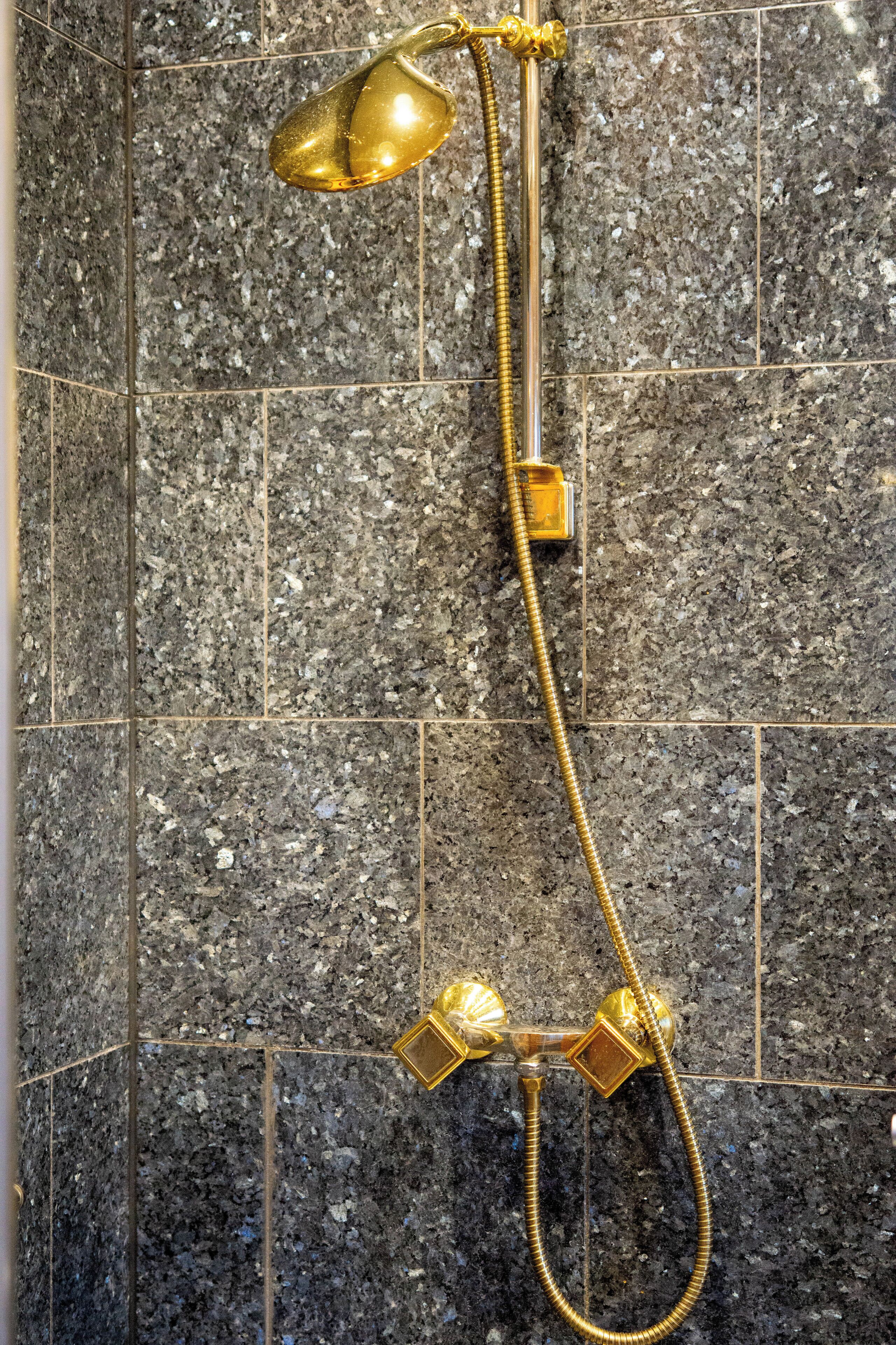 A shower with a gold showerhead and hose against a granite tile wall.