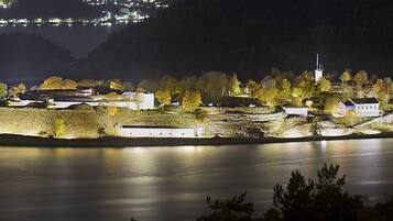 A well-lit island with buildings and a dock, surrounded by calm water and trees.