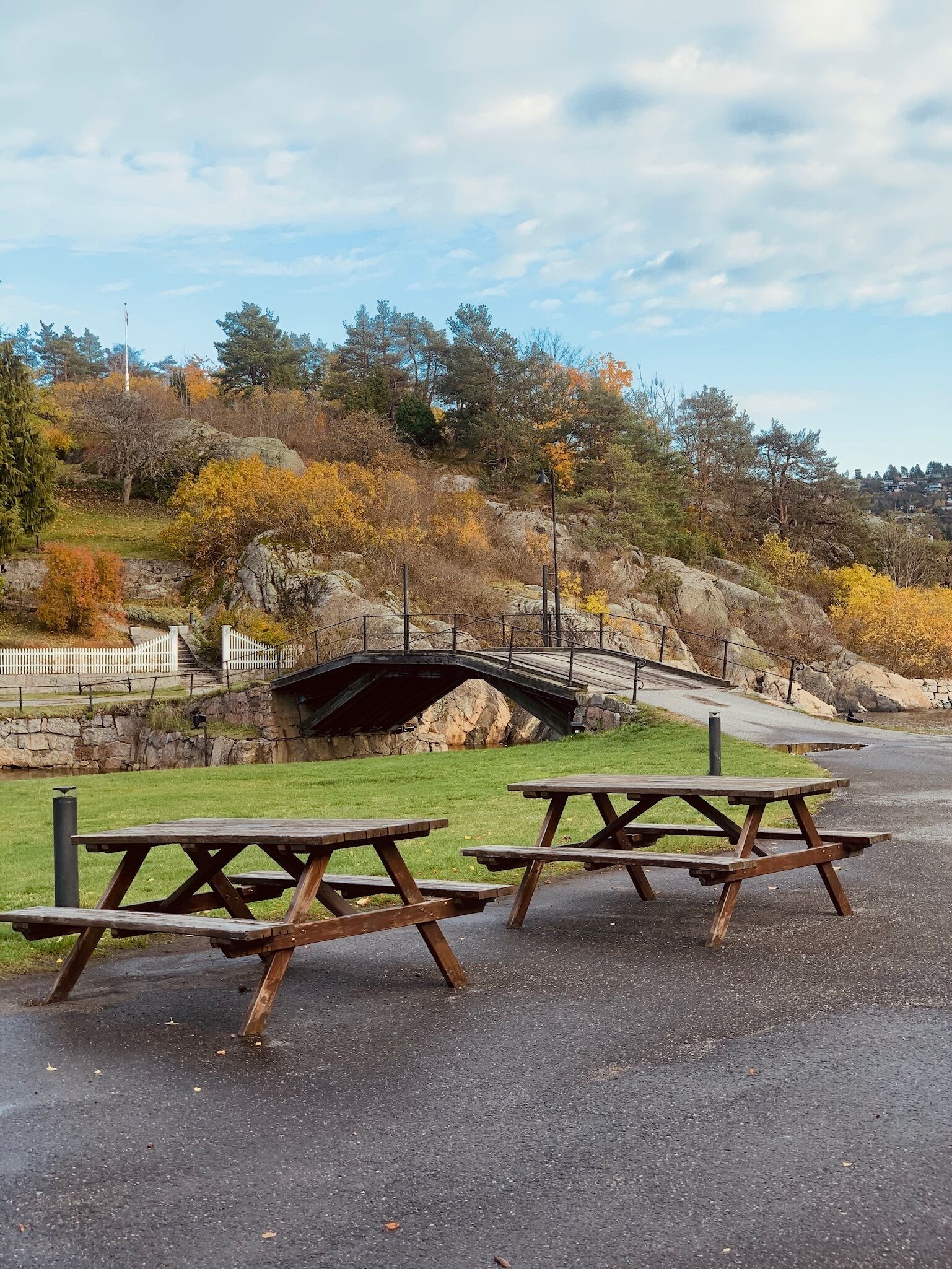 A picnic area with tables and a stone bridge.
