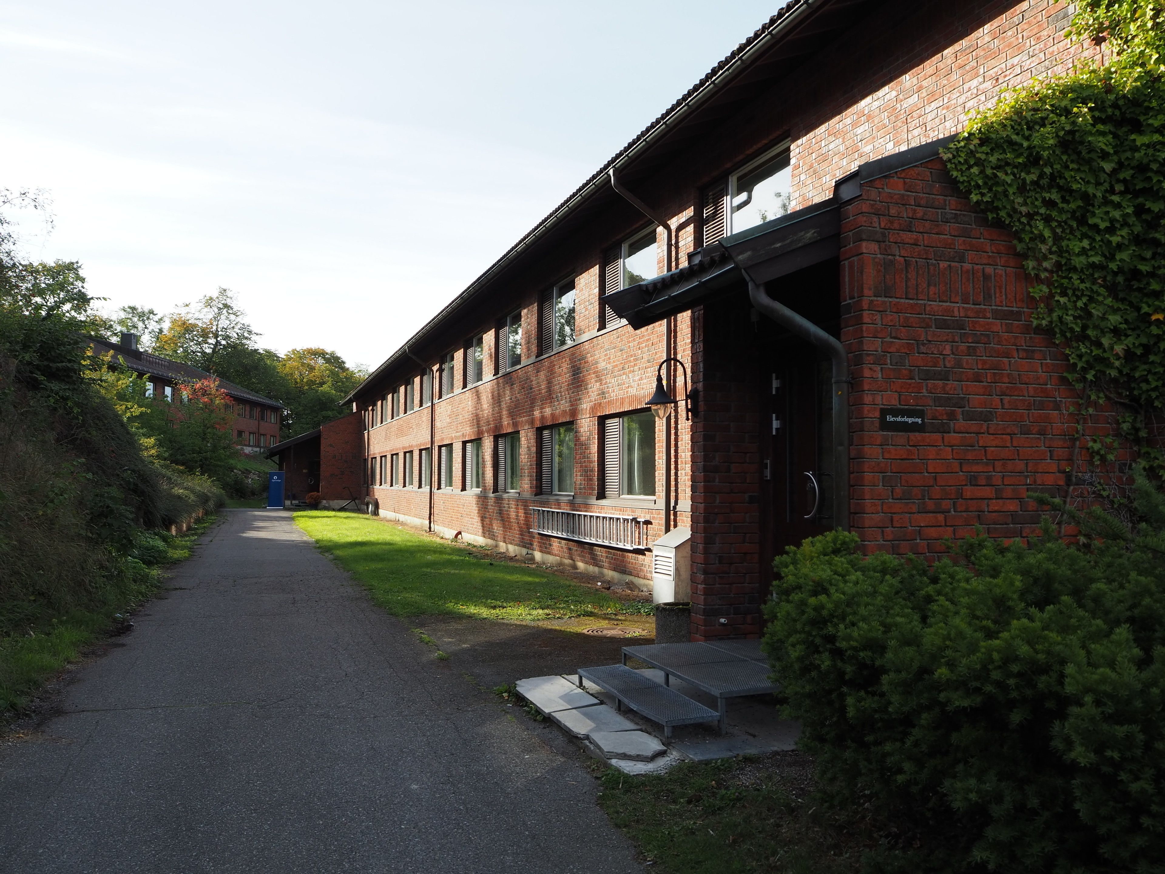 A brick building with a pathway leading to a door marked "Elevating."