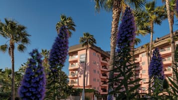Un hotel de varios pisos con balcones, rodeado de palmeras y flores moradas.