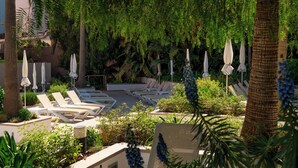 Zona de piscina con sillones de descanso y sombrillas, rodeada de exuberante vegetación y palmeras.