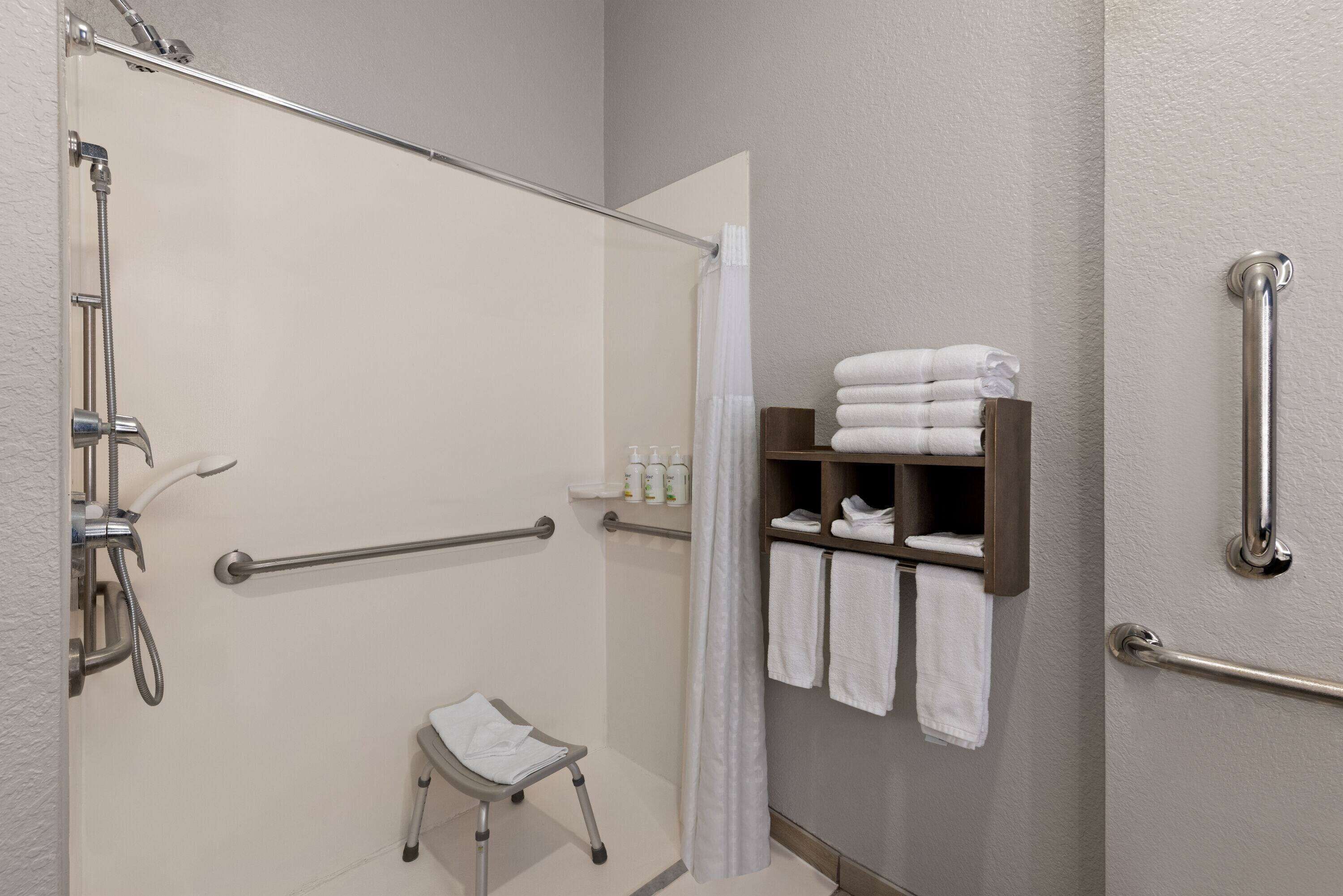 combined shower/bathtub, free toiletries, hair dryer, towels