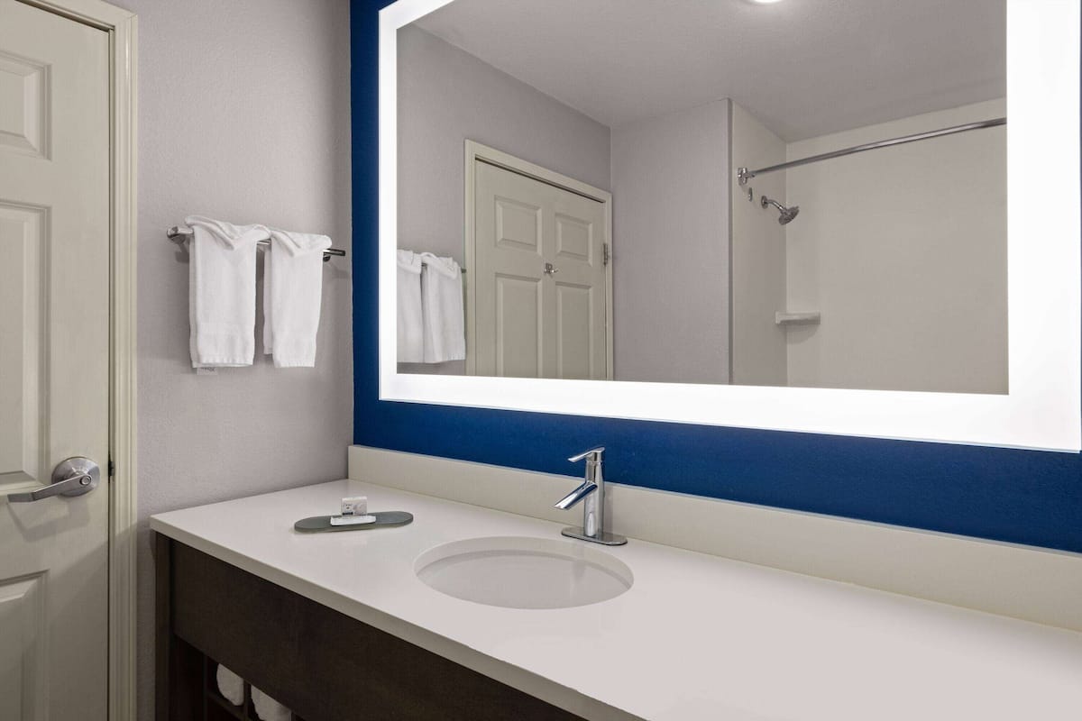 combined shower/bathtub, free toiletries, hair dryer, towels