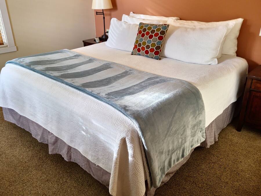Una cama bien tendida con una manta estampada, almohadas blancas y una almohada decorativa. Hay luces fijadas a la pared y una mesita de noche con una lámpara.