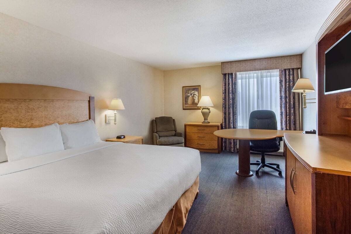 Une chambre d’hôtel avec un grand lit, un bureau avec une chaise, une télévision et une fenêtre avec des rideaux.