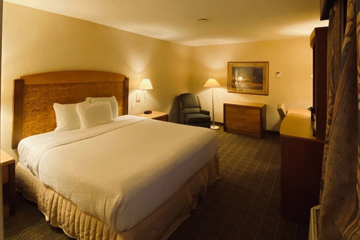 Une chambre d’hôtel avec un grand lit, une chaise, un bureau, une lampe et un tableau au mur.