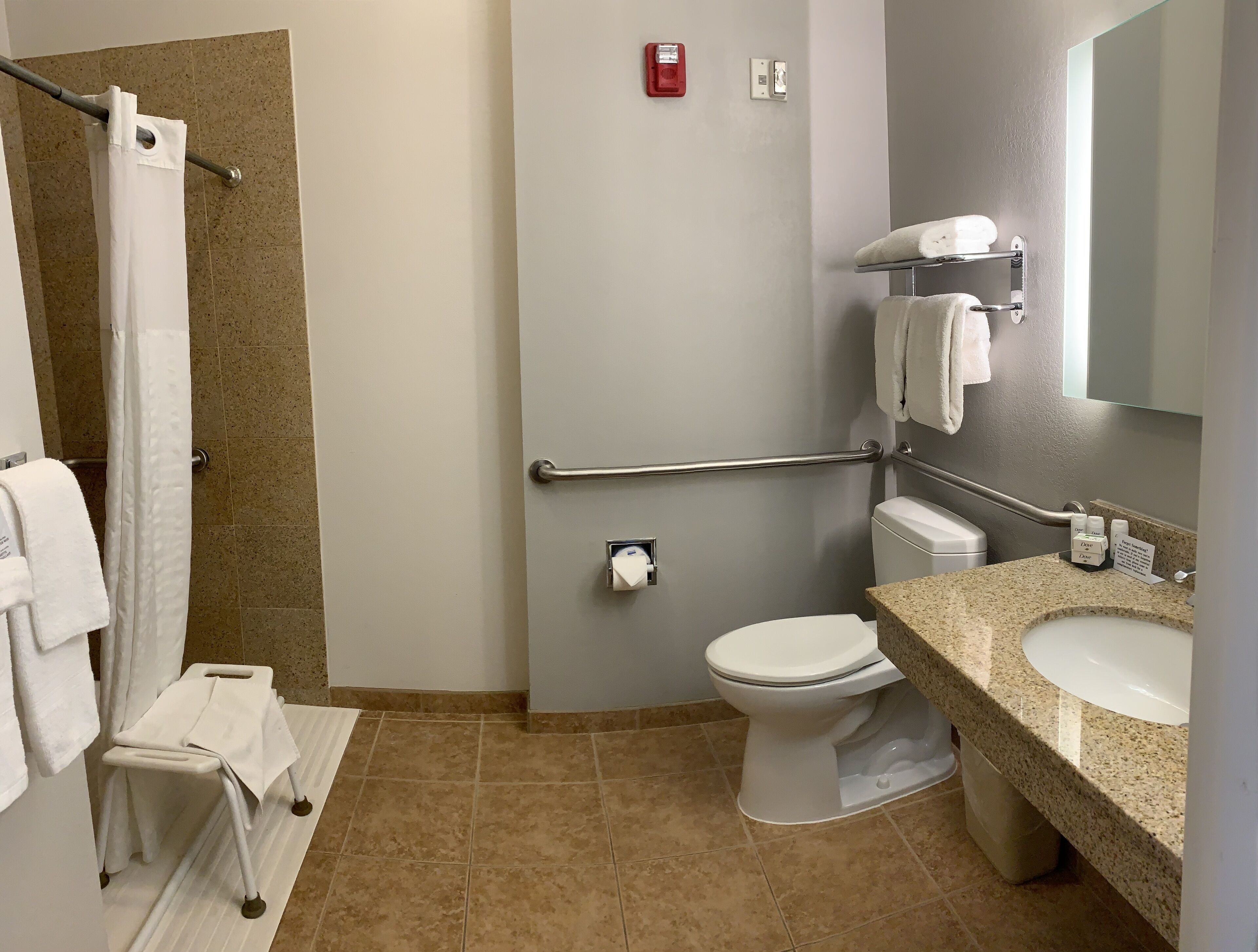 combined shower/bathtub, free toiletries, hair dryer, towels