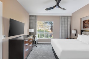 Habitación de hotel con cama, escritorio, silla, televisor y ventilador de techo.