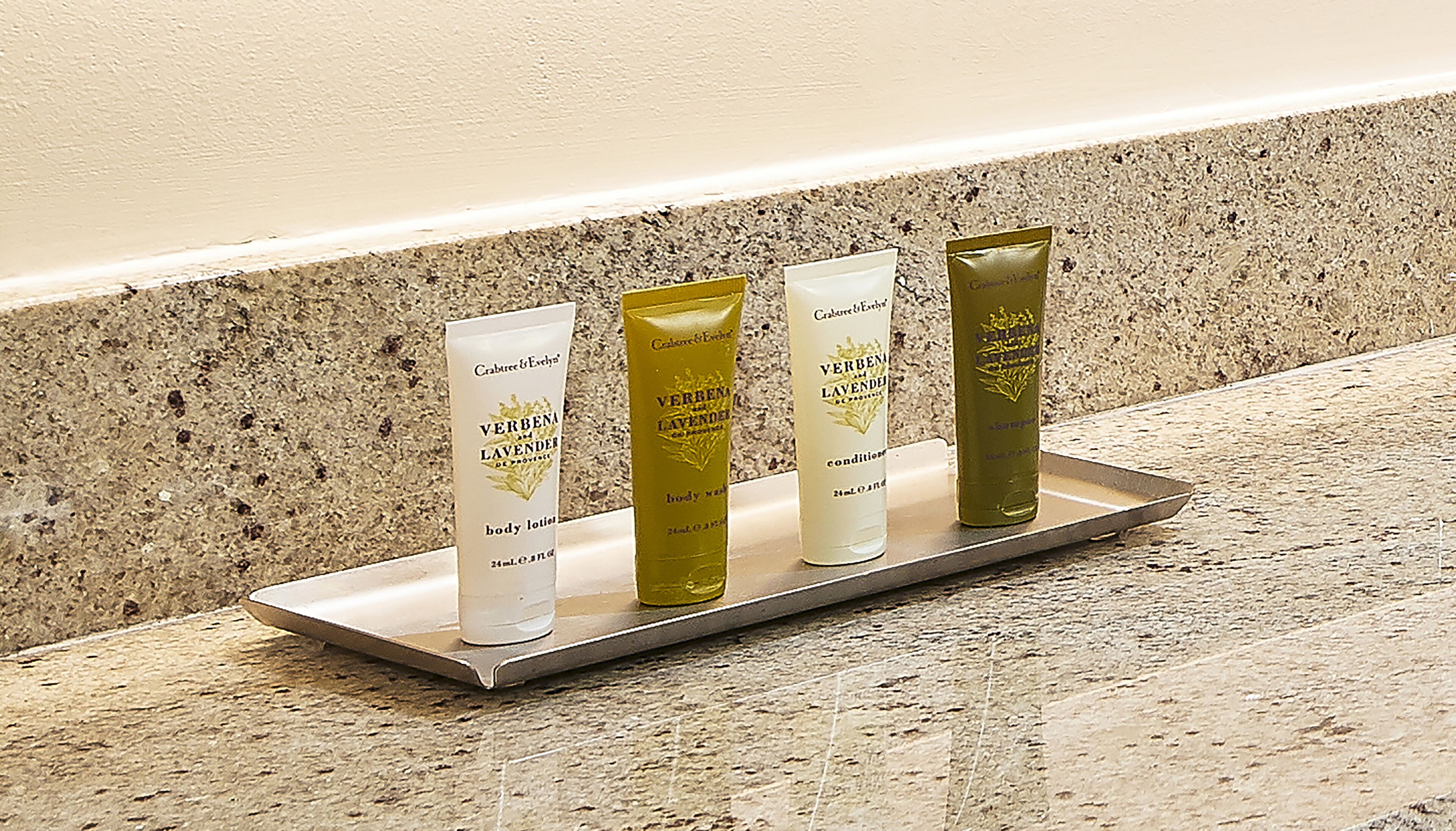 separate bathtub and shower, deep-soaking bathtub, designer toiletries