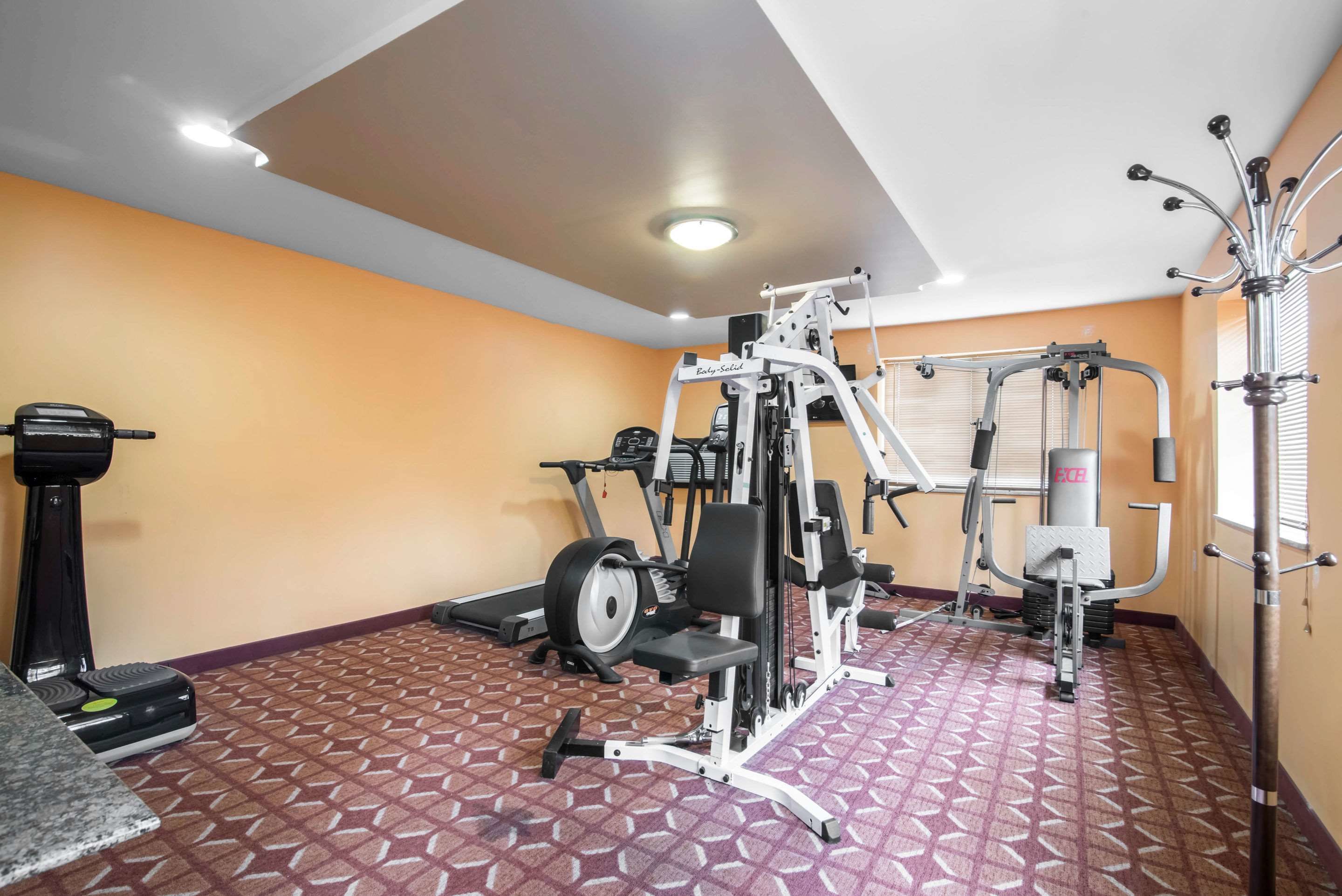Un gimnasio con diversos equipos de ejercicio, incluyendo una cinta de correr, una elíptica y máquinas de pesas.