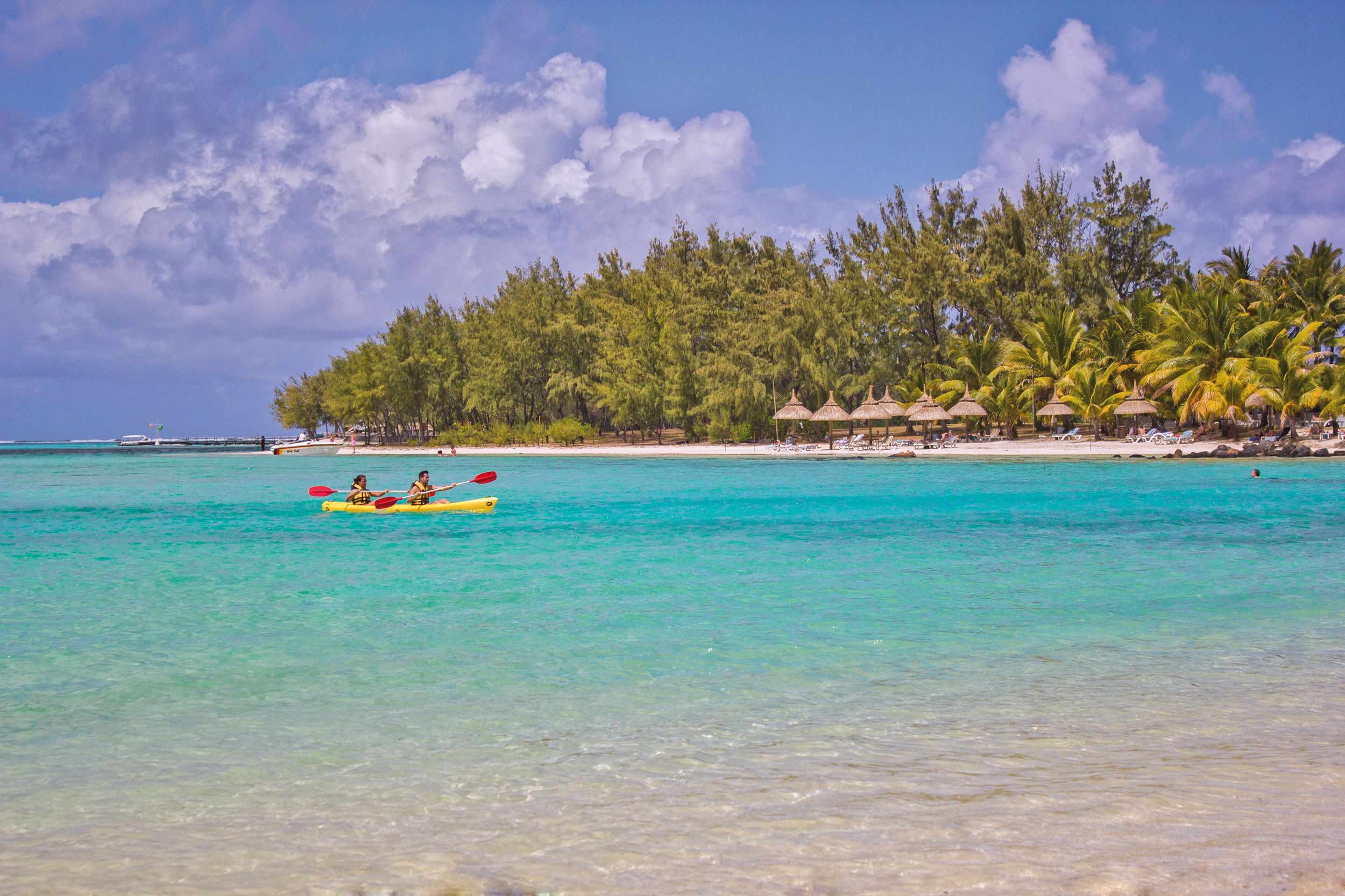 A beach with clear turquoise water, a row of thatched umbrellas, and a row of palm trees.
