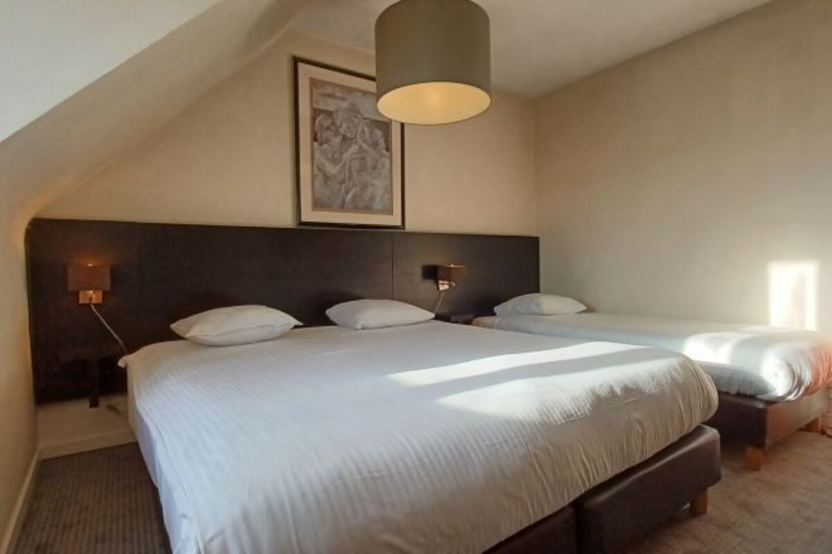 Een slaapkamer met een groot bed, een kleiner bed, een hoofdeinde, een wandlamp en een lijst met een kunstwerk.