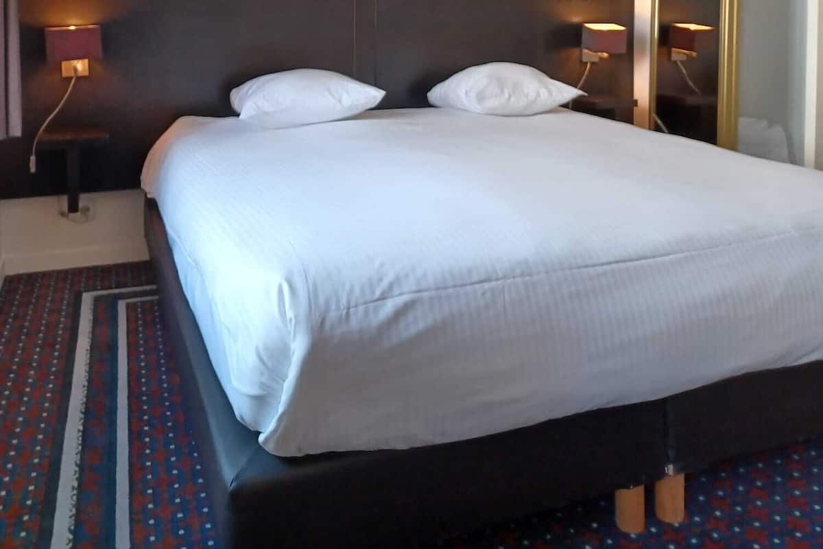 Une chambre d’hôtel avec un grand lit, deux lampes de chevet, un miroir et un tapis à motifs.
