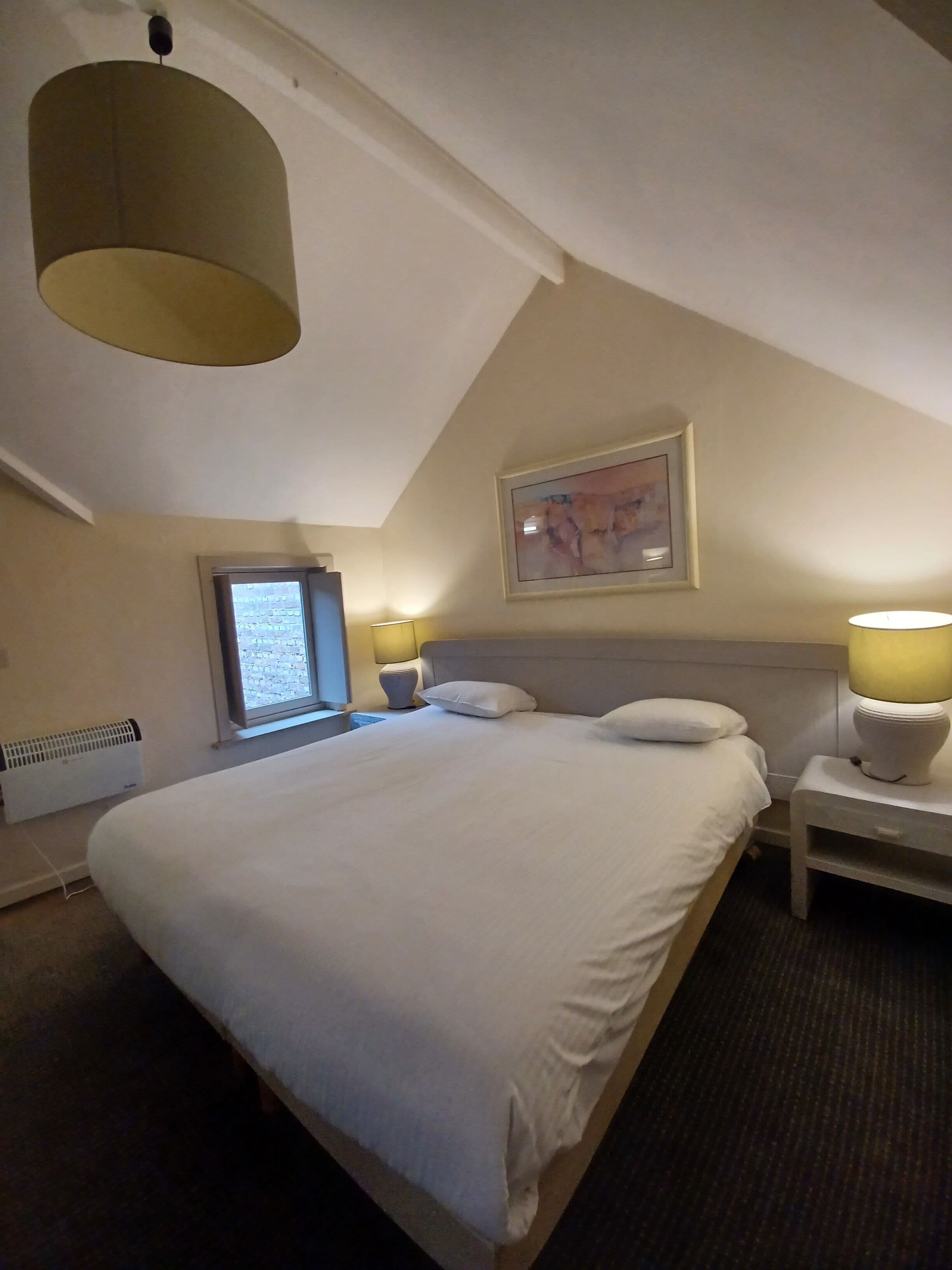 A bedroom with a large bed, a window, a radiator, and a ceiling light fixture.