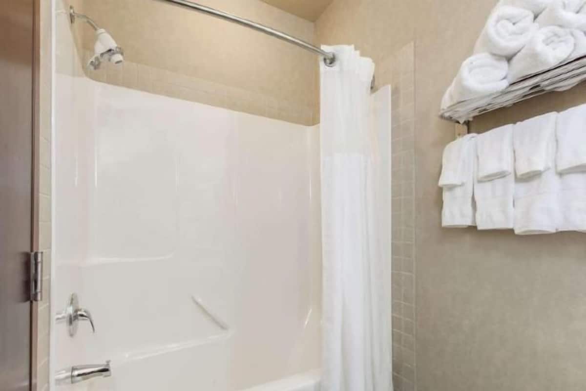 Combined shower/tub, deep soaking tub, free toiletries, hair dryer