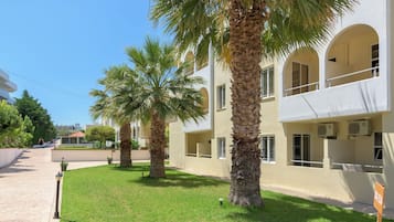 Un patio con palmeras, un sendero empedrado y un edificio con balcones y ventanas.