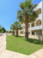 Un patio con palmeras, un sendero empedrado y un edificio con balcones y ventanas.