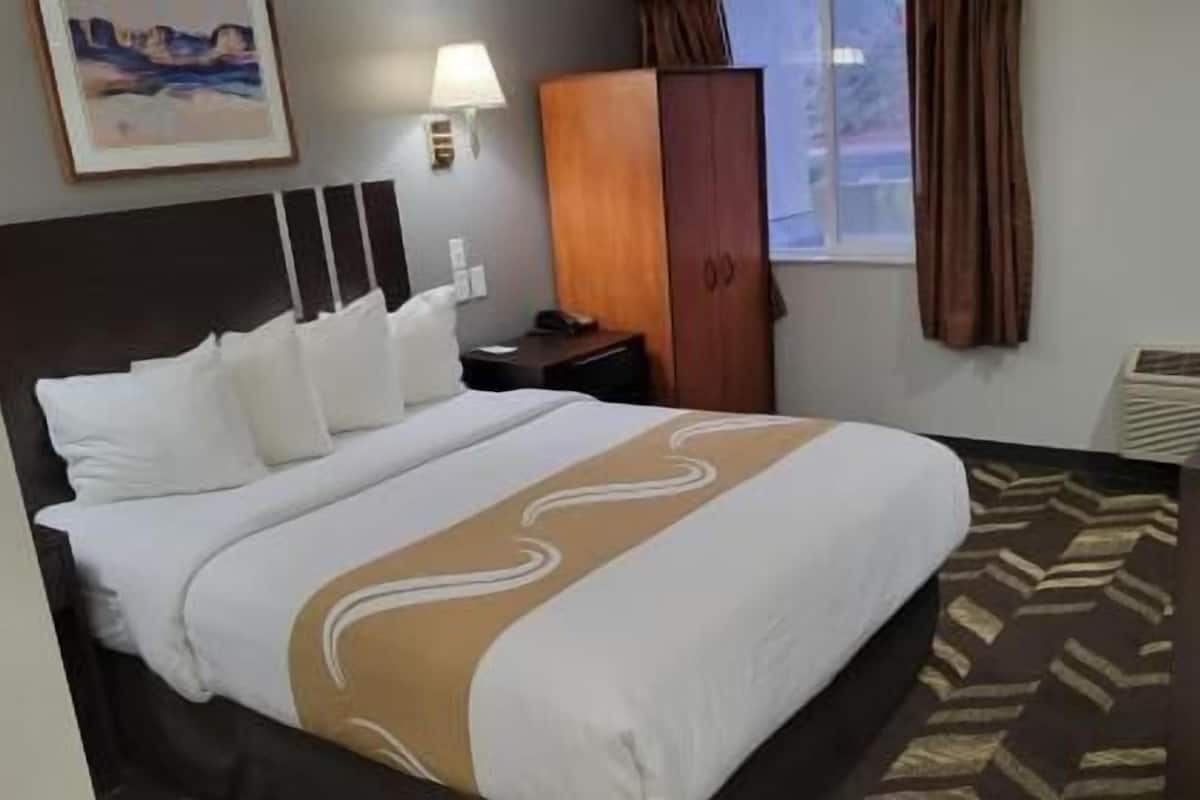 A hotel room with a bed, a desk, a wardrobe, a window with curtains, and a wall-mounted lamp.